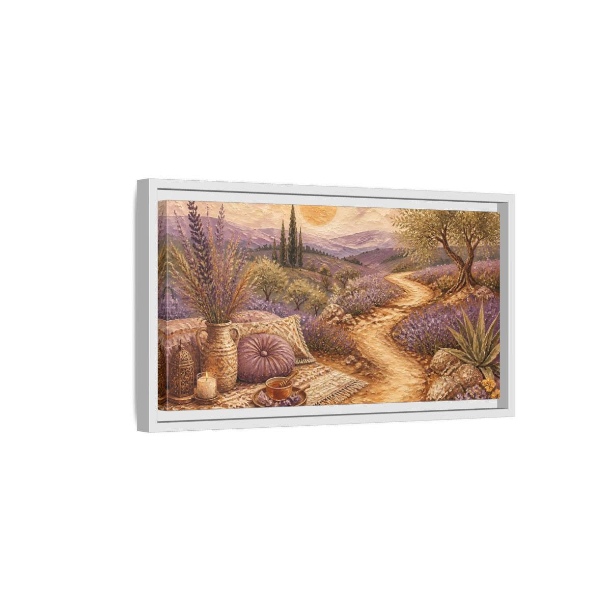 Side Mockup 6. Boho Lavender Path shown as framed canvas print