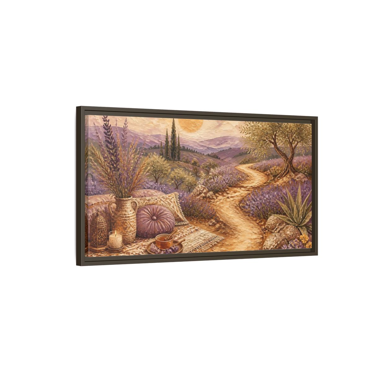 Main Mockup. Boho Lavender Path shown as framed canvas print
