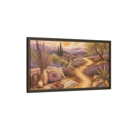 Main Mockup. Boho Lavender Path shown as framed canvas print