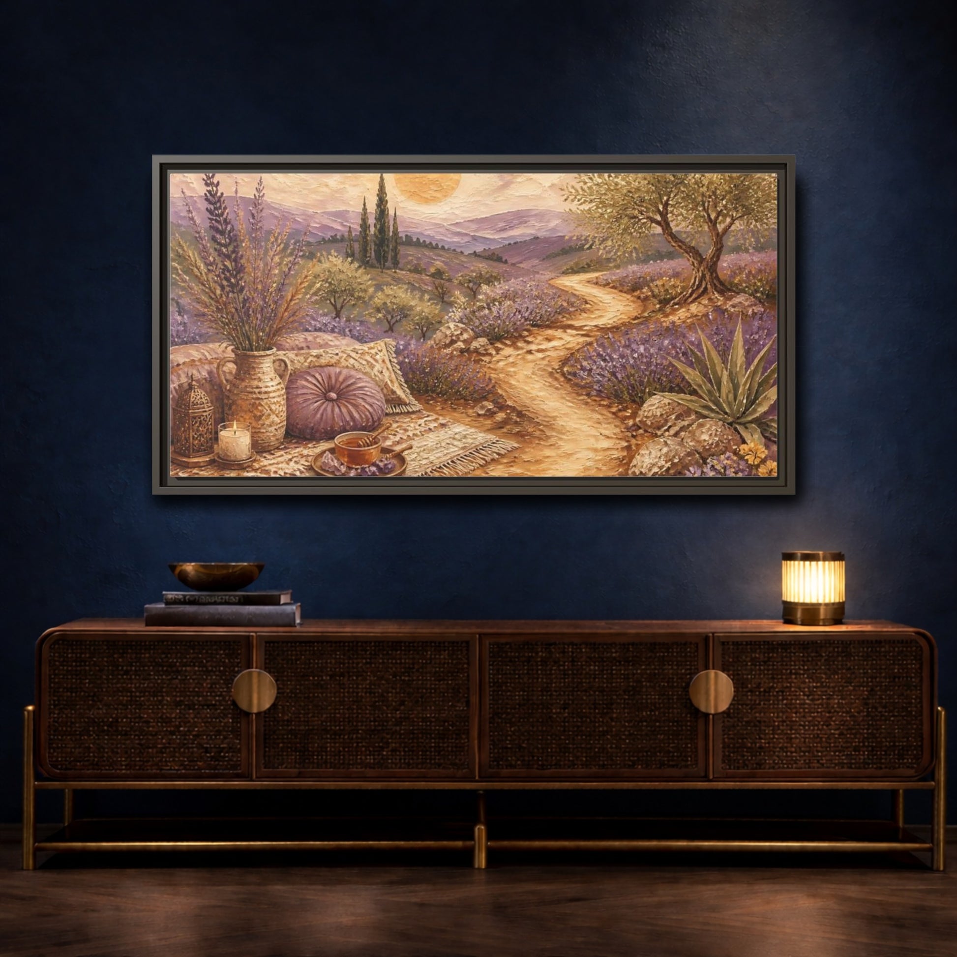 Mockup 4. Boho Lavender Path shown as framed canvas print
