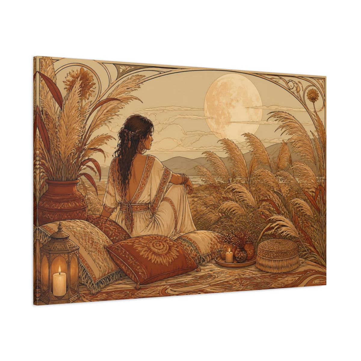 Side Mockup 1. Boho Moonlit Woman shown as canvas print