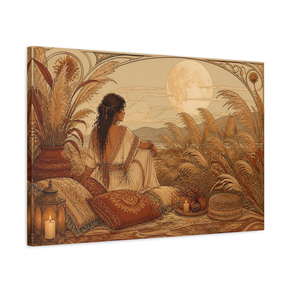 Side Mockup 2. Boho Moonlit Woman shown as canvas print