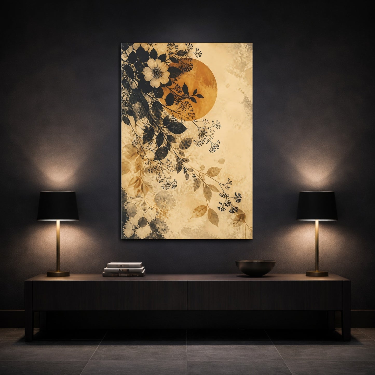 Mockup 3. Boho Ochre Floral Branch shown as canvas print