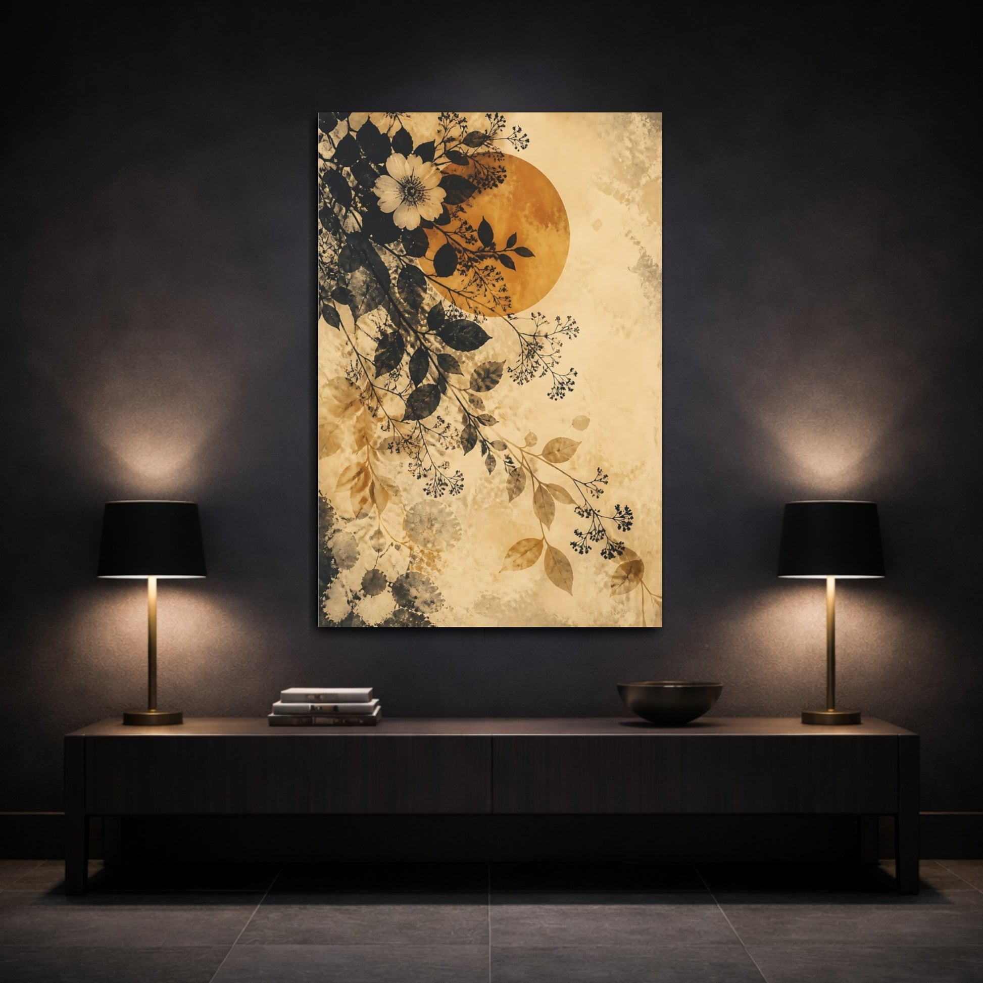 Mockup 3. Boho Ochre Floral Branch shown as canvas print