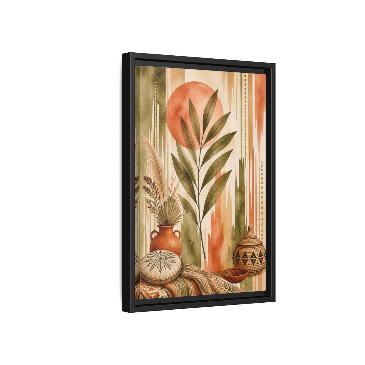 Side Mockup 6. Boho Olive Leaf Sun shown as framed canvas print