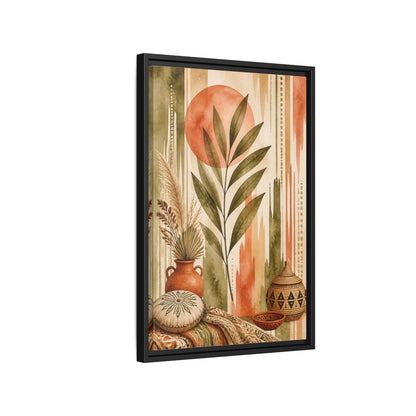 Side Mockup 3. Boho Olive Leaf Sun shown as framed canvas print