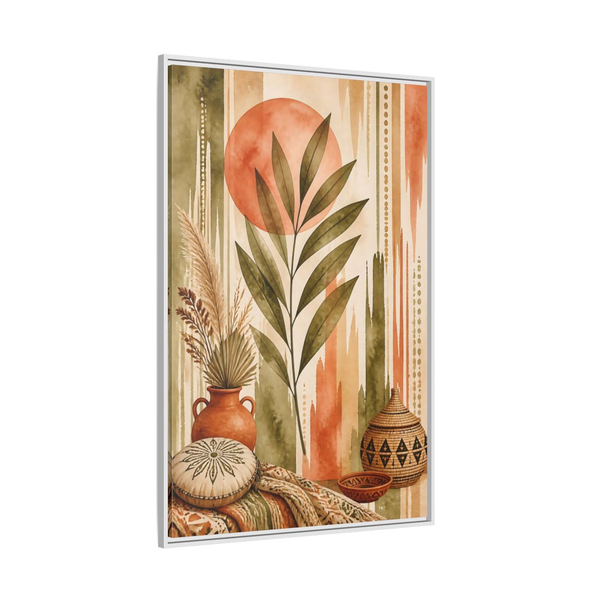 Side Mockup 7. Boho Olive Leaf Sun shown as framed canvas print