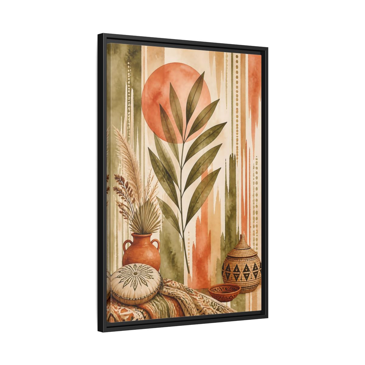 Side Mockup 14. Boho Olive Leaf Sun shown as framed canvas print