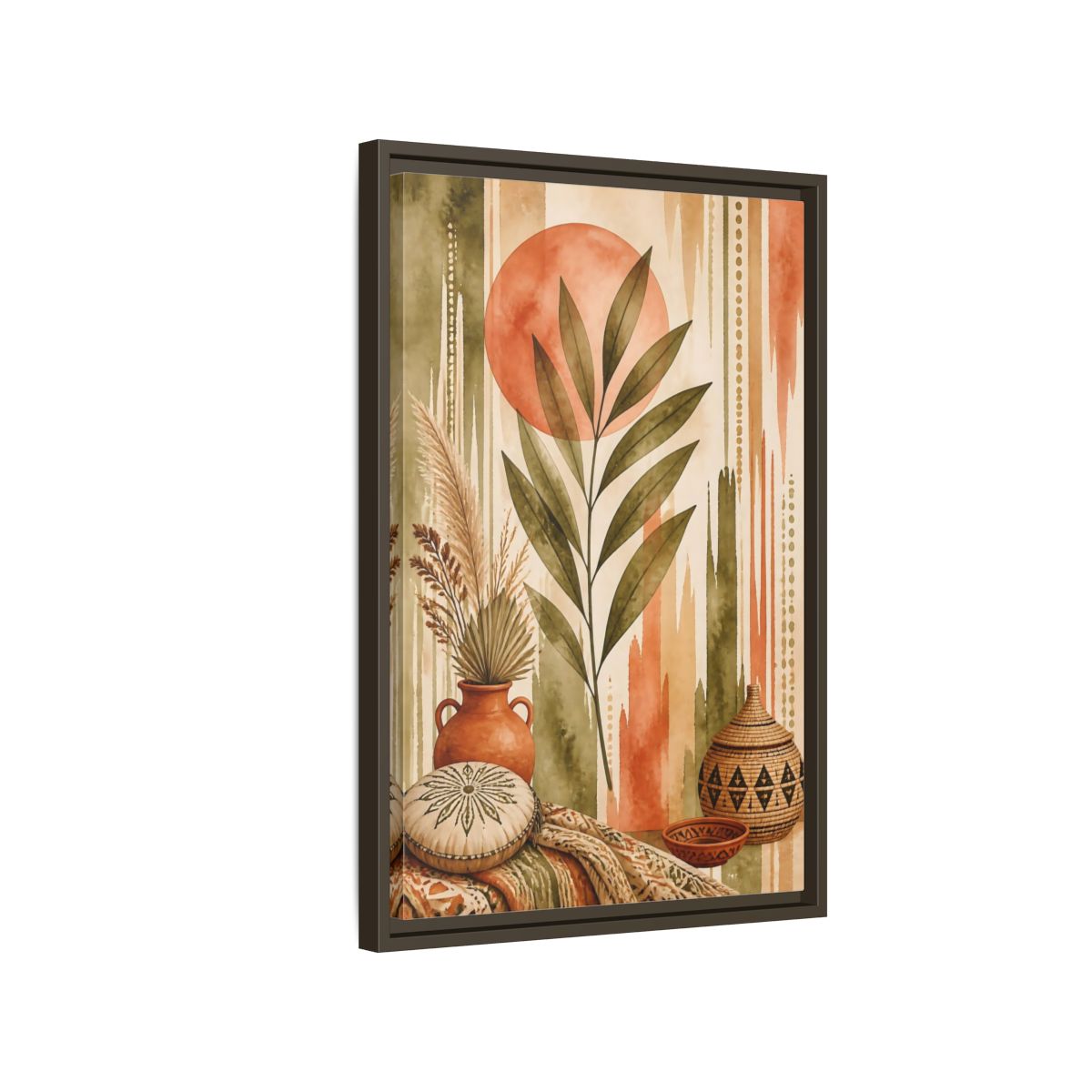 Side Mockup 2. Boho Olive Leaf Sun shown as framed canvas print