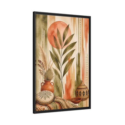 Side Mockup 13. Boho Olive Leaf Sun shown as framed canvas print