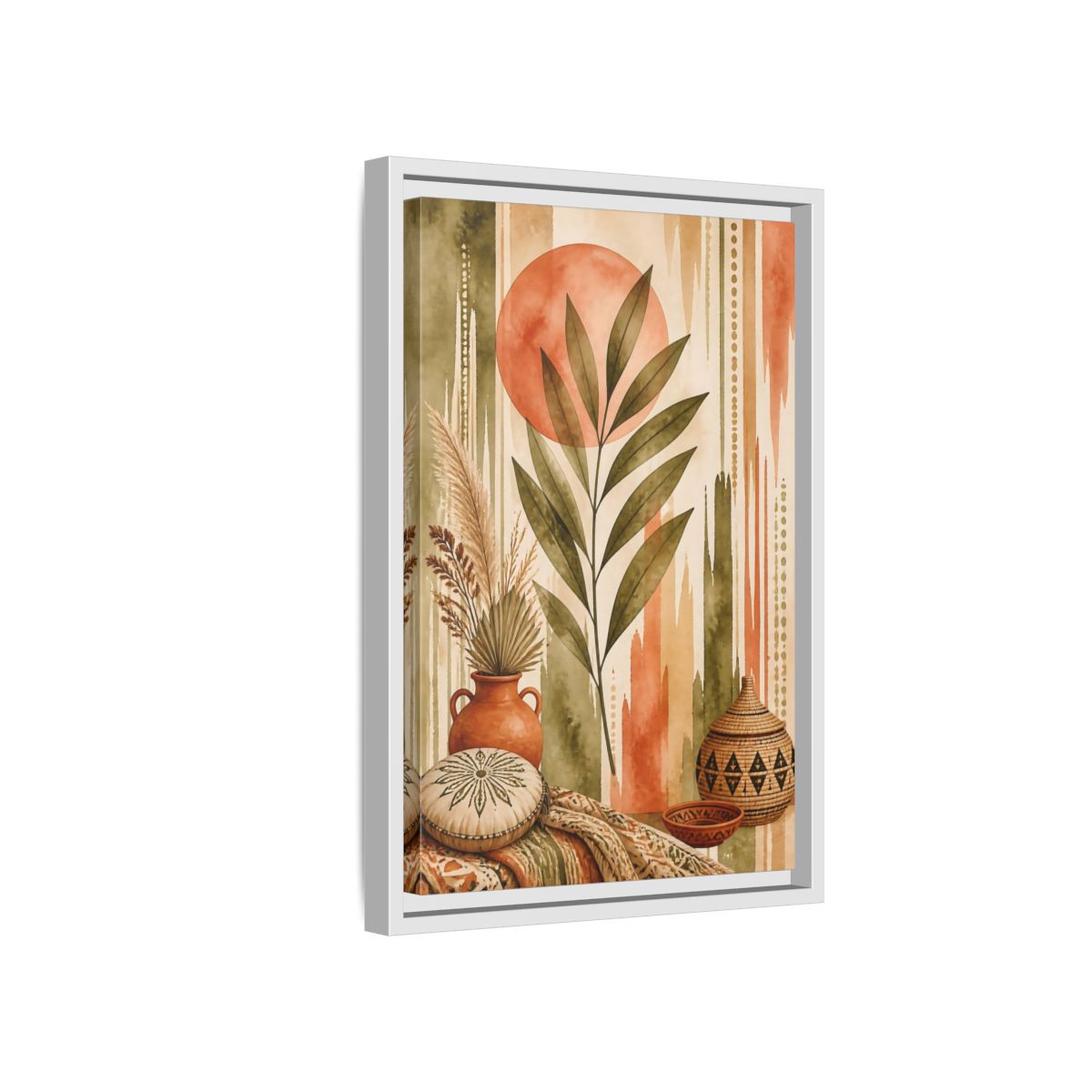 Side Mockup 4. Boho Olive Leaf Sun shown as framed canvas print