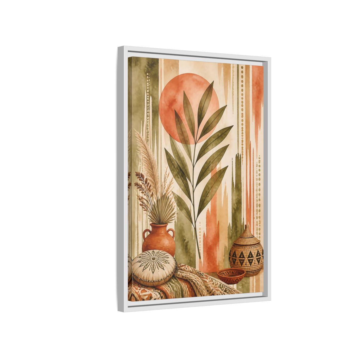 Side Mockup 1. Boho Olive Leaf Sun shown as framed canvas print