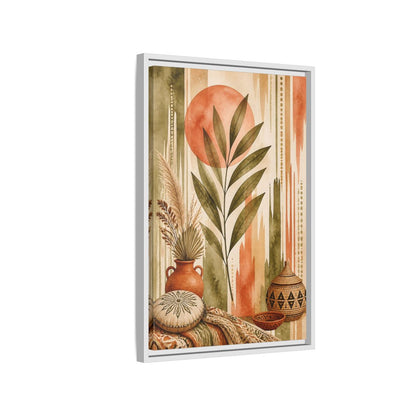 Side Mockup 1. Boho Olive Leaf Sun shown as framed canvas print