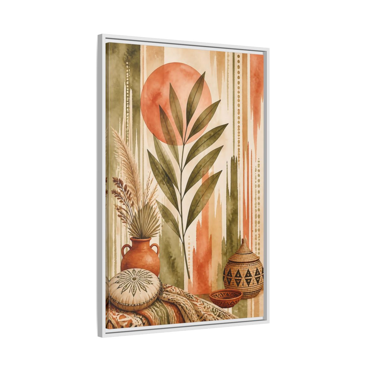 Side Mockup 9. Boho Olive Leaf Sun shown as framed canvas print