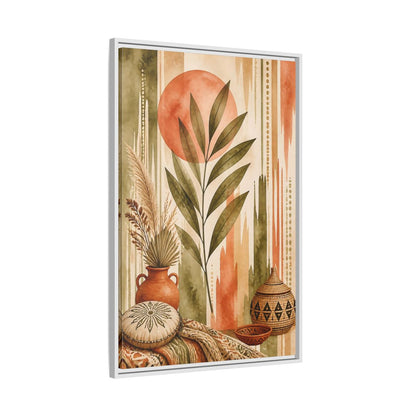 Side Mockup 9. Boho Olive Leaf Sun shown as framed canvas print