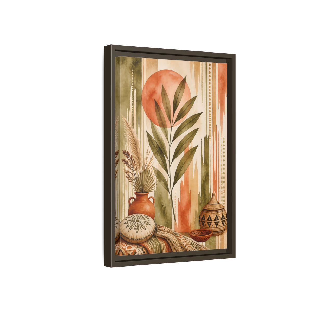 Side Mockup 5. Boho Olive Leaf Sun shown as framed canvas print