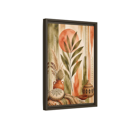 Side Mockup 5. Boho Olive Leaf Sun shown as framed canvas print