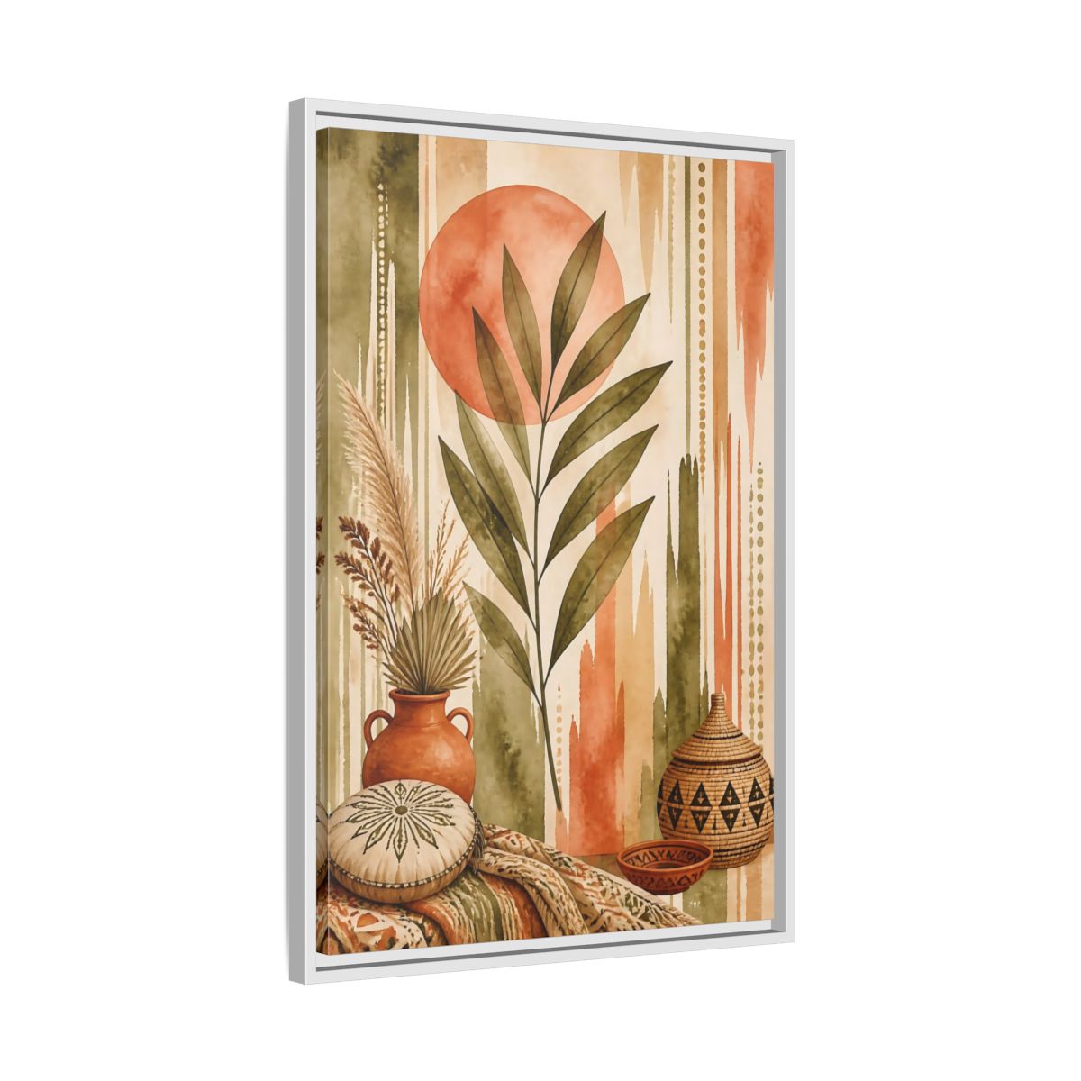 Side Mockup 10. Boho Olive Leaf Sun shown as framed canvas print