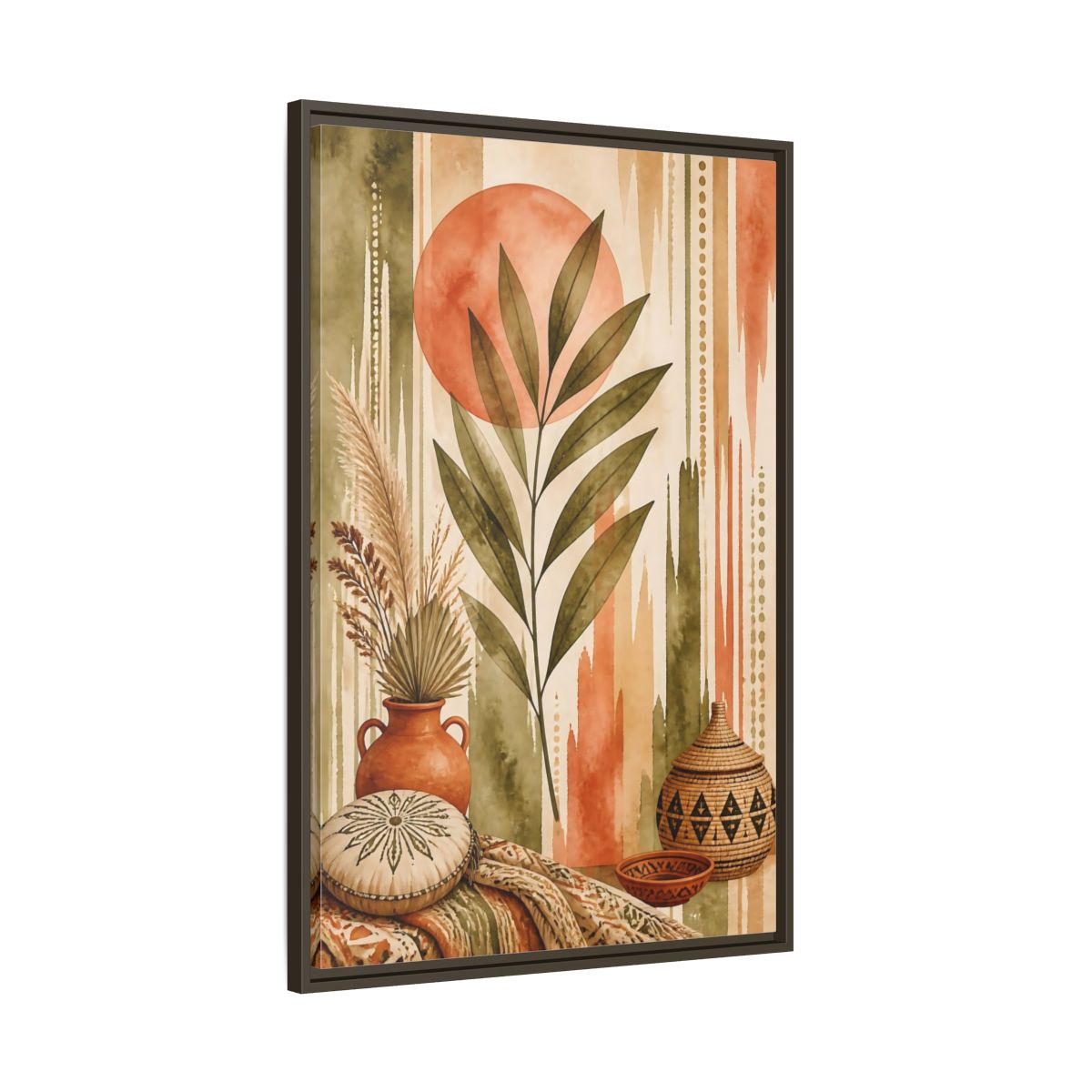 Main Mockup. Boho Olive Leaf Sun shown as framed canvas print