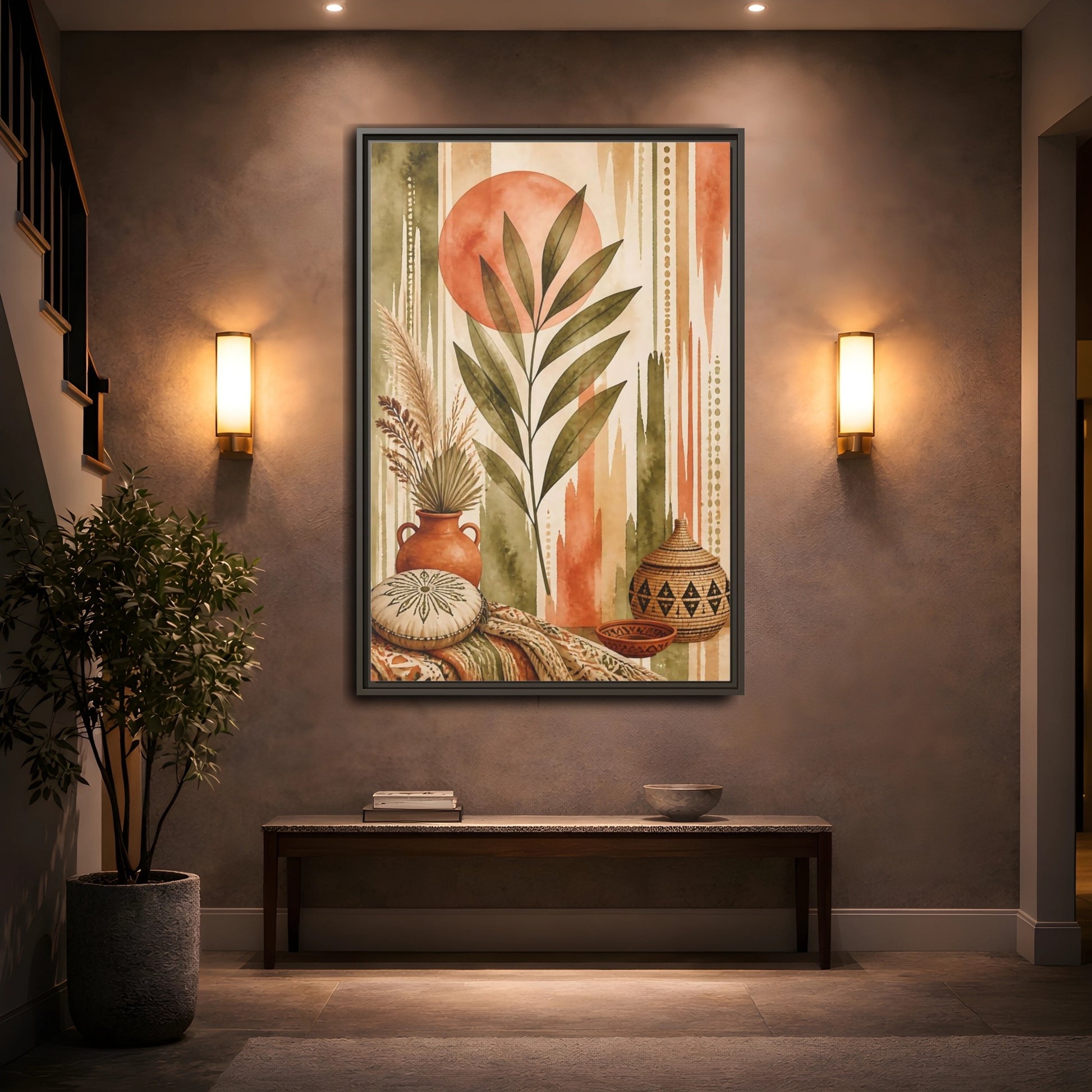 Mockup 2. Boho Olive Leaf Sun shown as framed canvas print