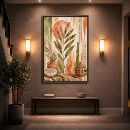 Mockup 2. Boho Olive Leaf Sun shown as framed canvas print