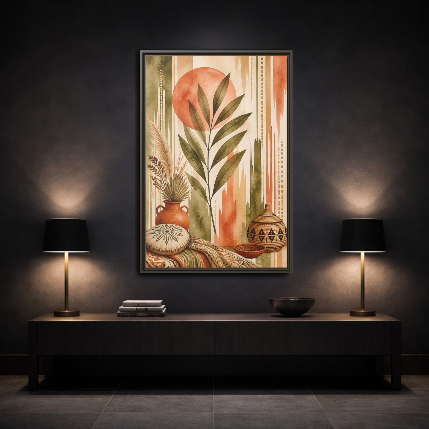 Mockup 3. Boho Olive Leaf Sun shown as framed canvas print