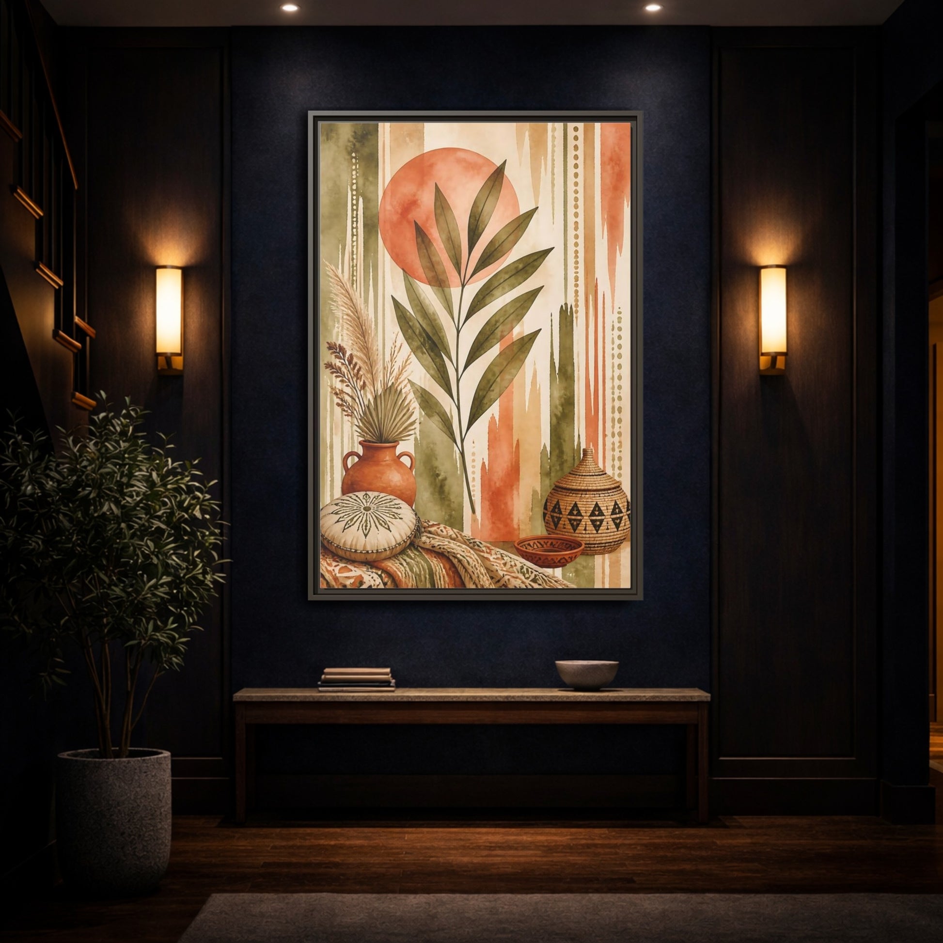 Mockup 4. Boho Olive Leaf Sun shown as framed canvas print