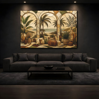 Mockup 3. Boho Palm Window Scene shown as canvas print