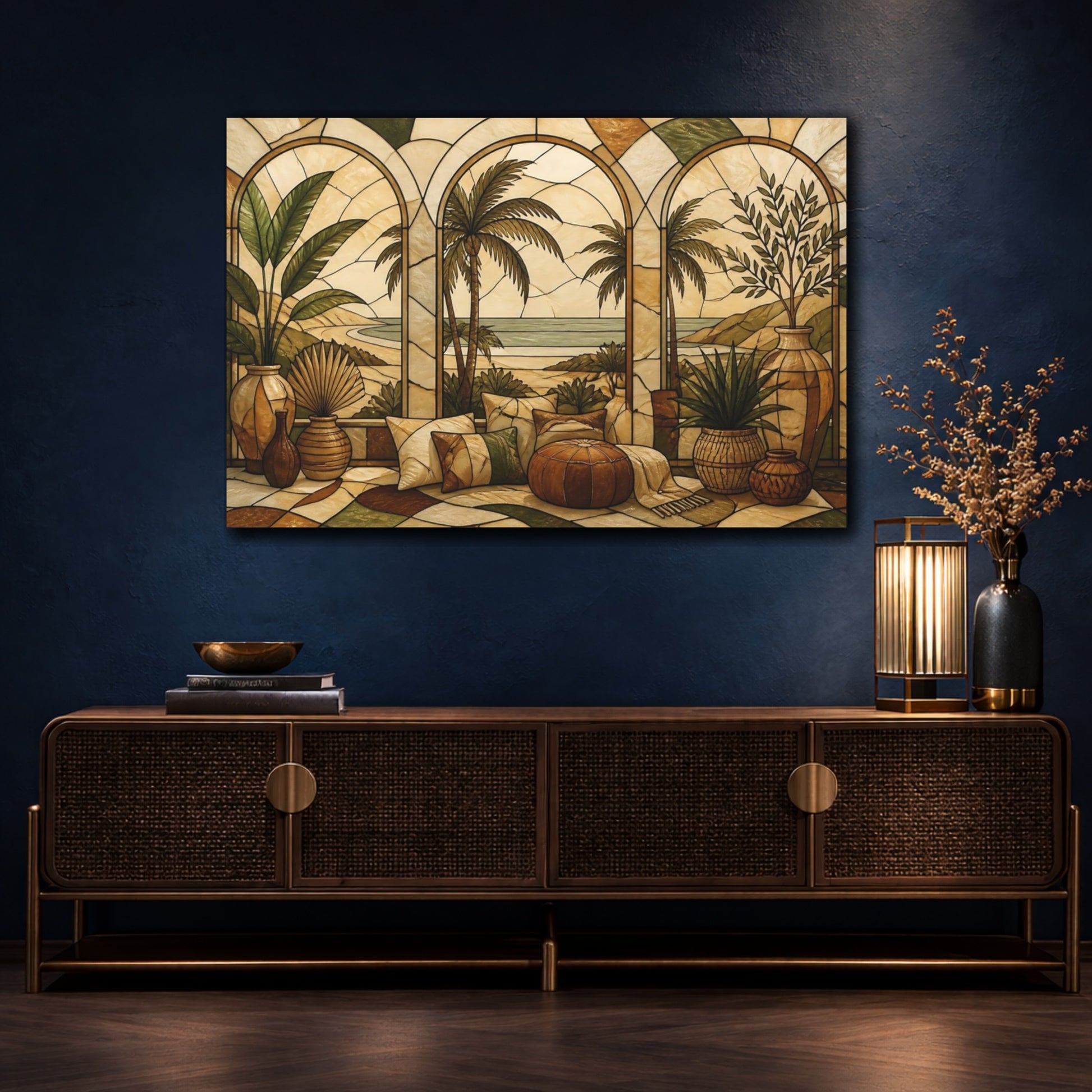 Mockup 4. Boho Palm Window Scene shown as canvas print
