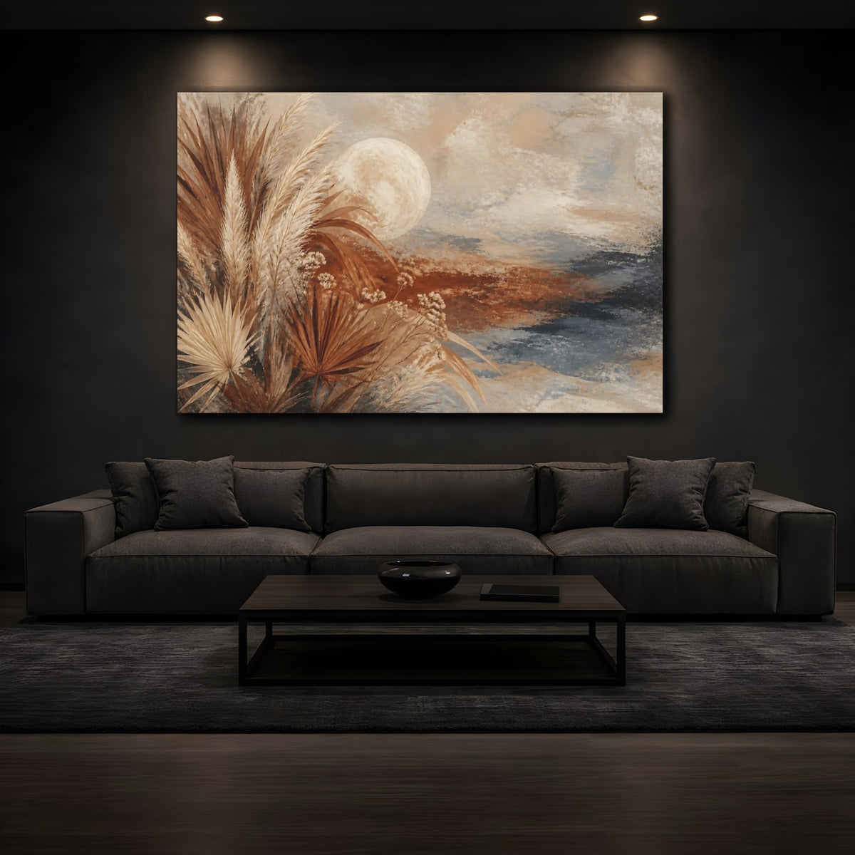 Mockup 3. Boho Pampas Moon shown as canvas print