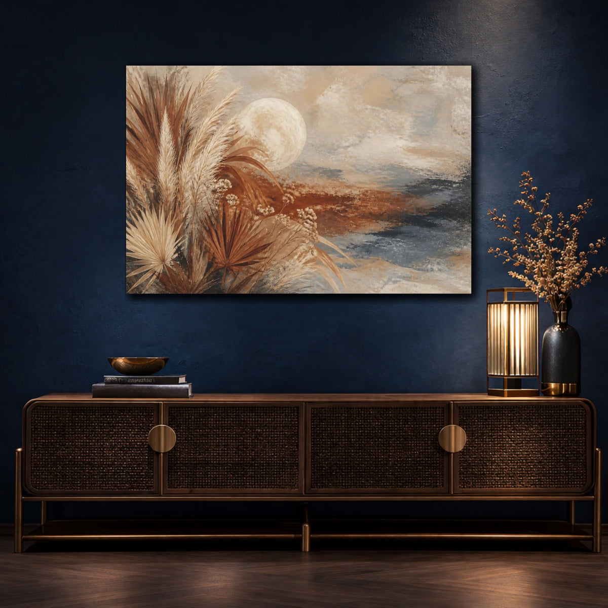 Mockup 4. Boho Pampas Moon shown as canvas print