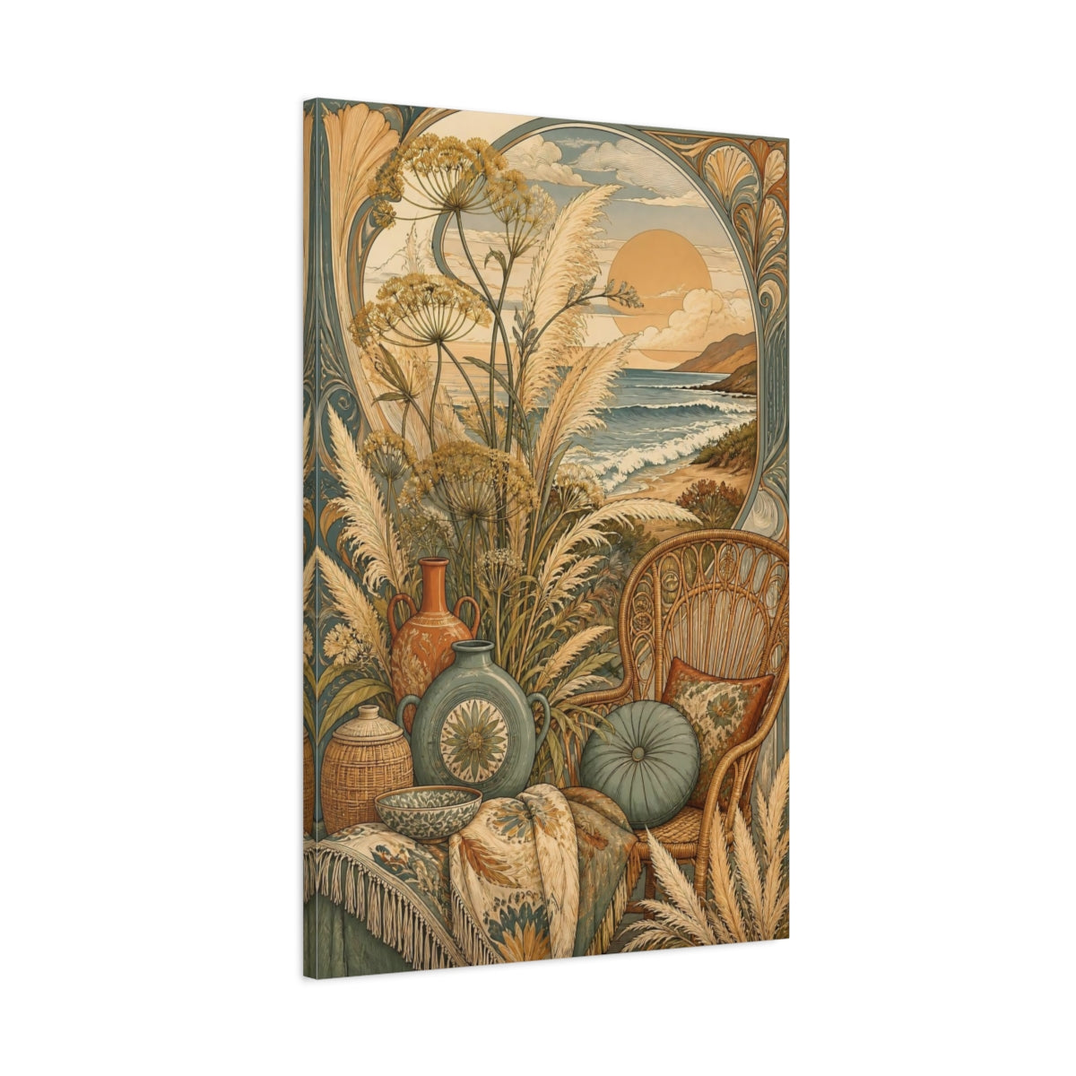 Main Mockup. Boho Pampas Ocean Sunset shown as canvas print