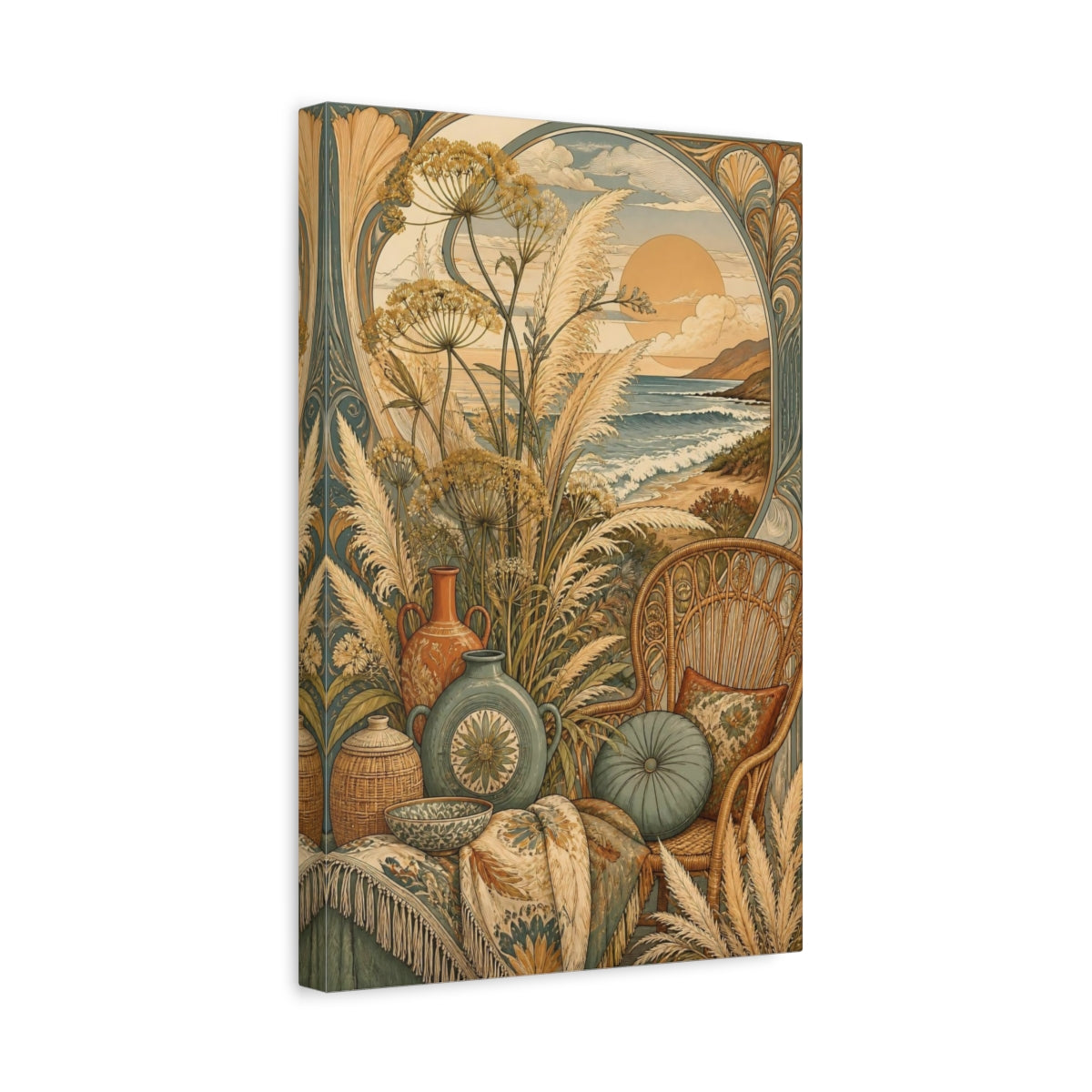 Side Mockup 4. Boho Pampas Ocean Sunset shown as canvas print