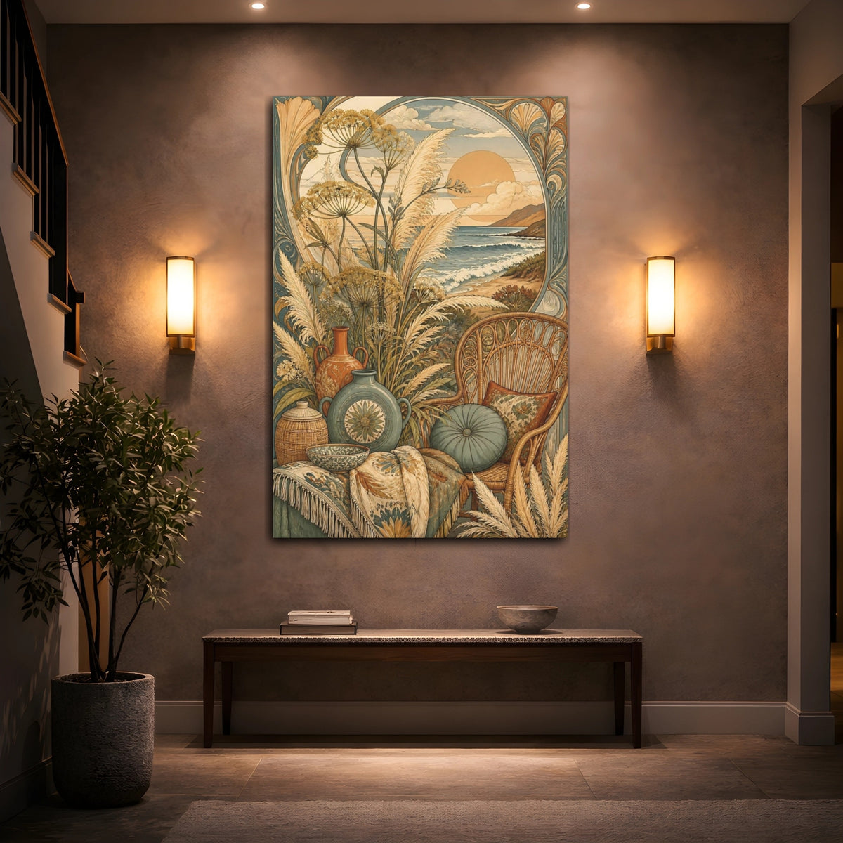 Mockup 2. Boho Pampas Ocean Sunset shown as canvas print