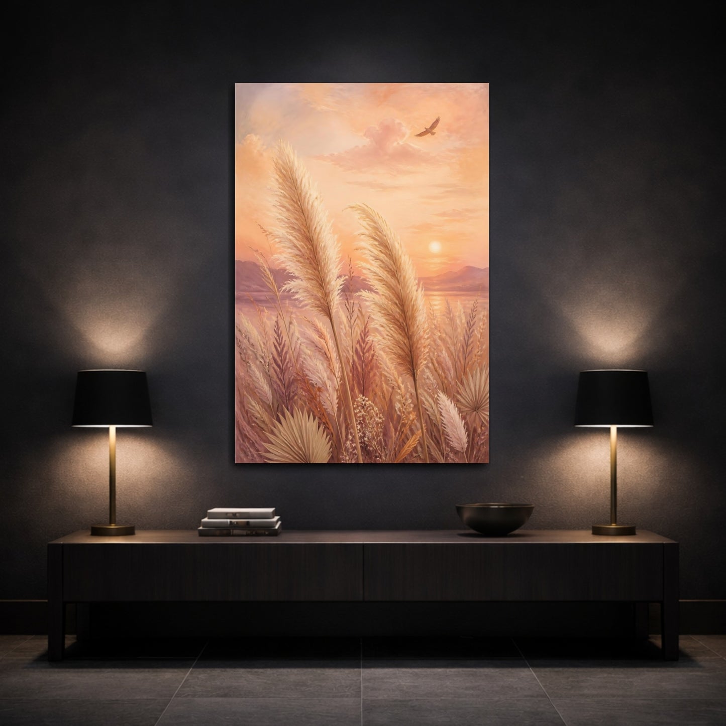 Mockup 3. Boho Pampas Sunset shown as canvas print