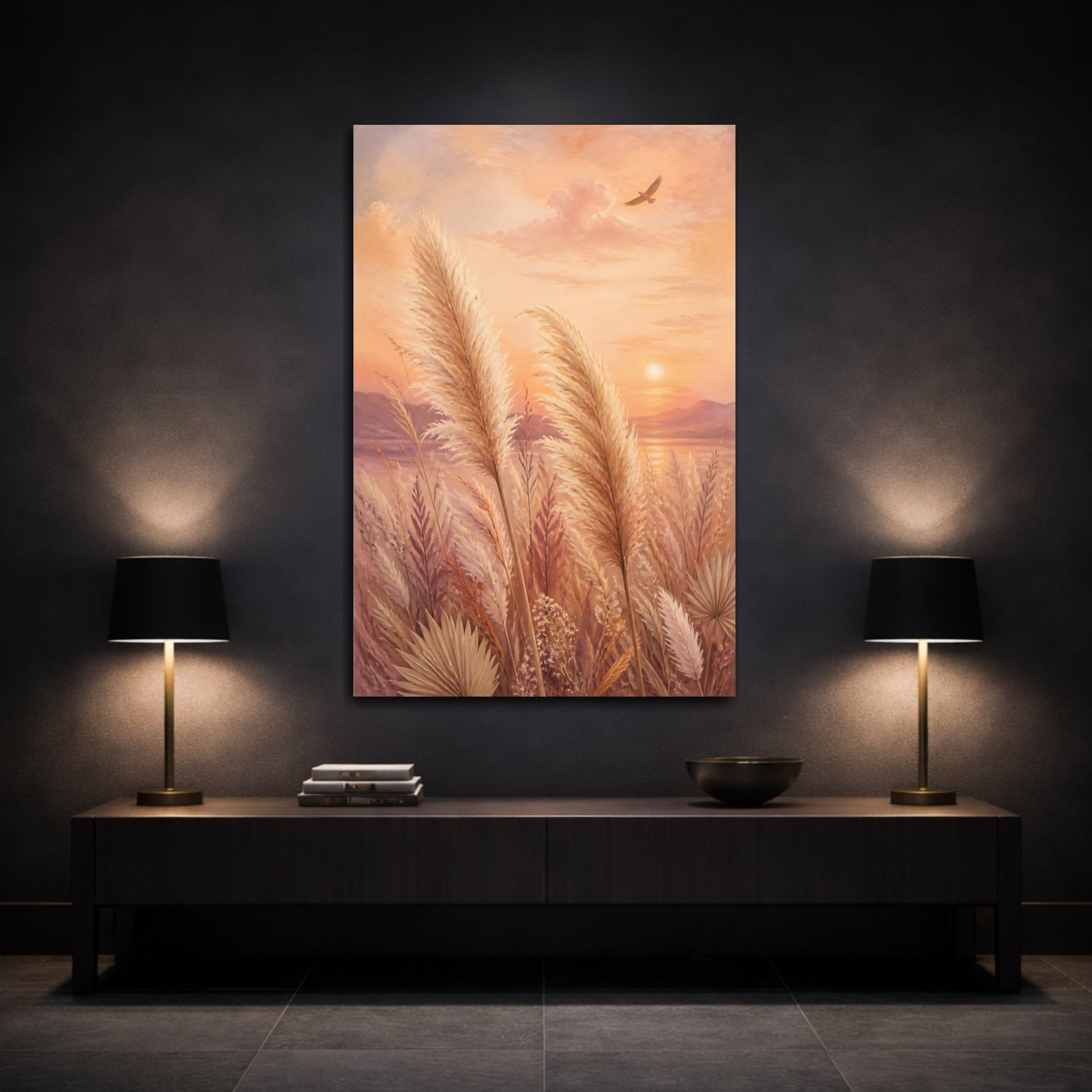 Mockup 3. Boho Pampas Sunset shown as canvas print