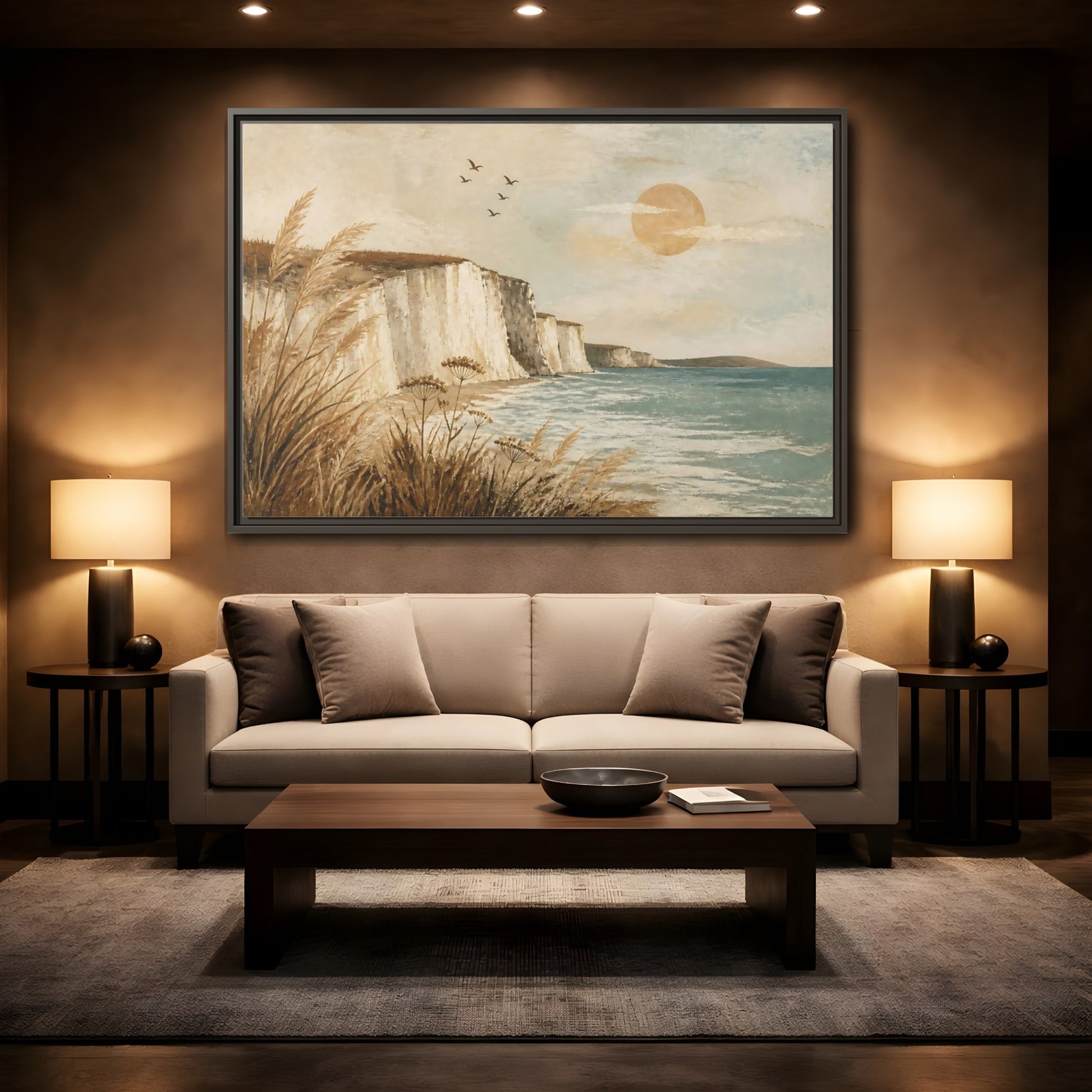 Mockup 2. Boho Sea Cliffs shown as framed canvas print