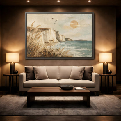 Mockup 2. Boho Sea Cliffs shown as framed canvas print