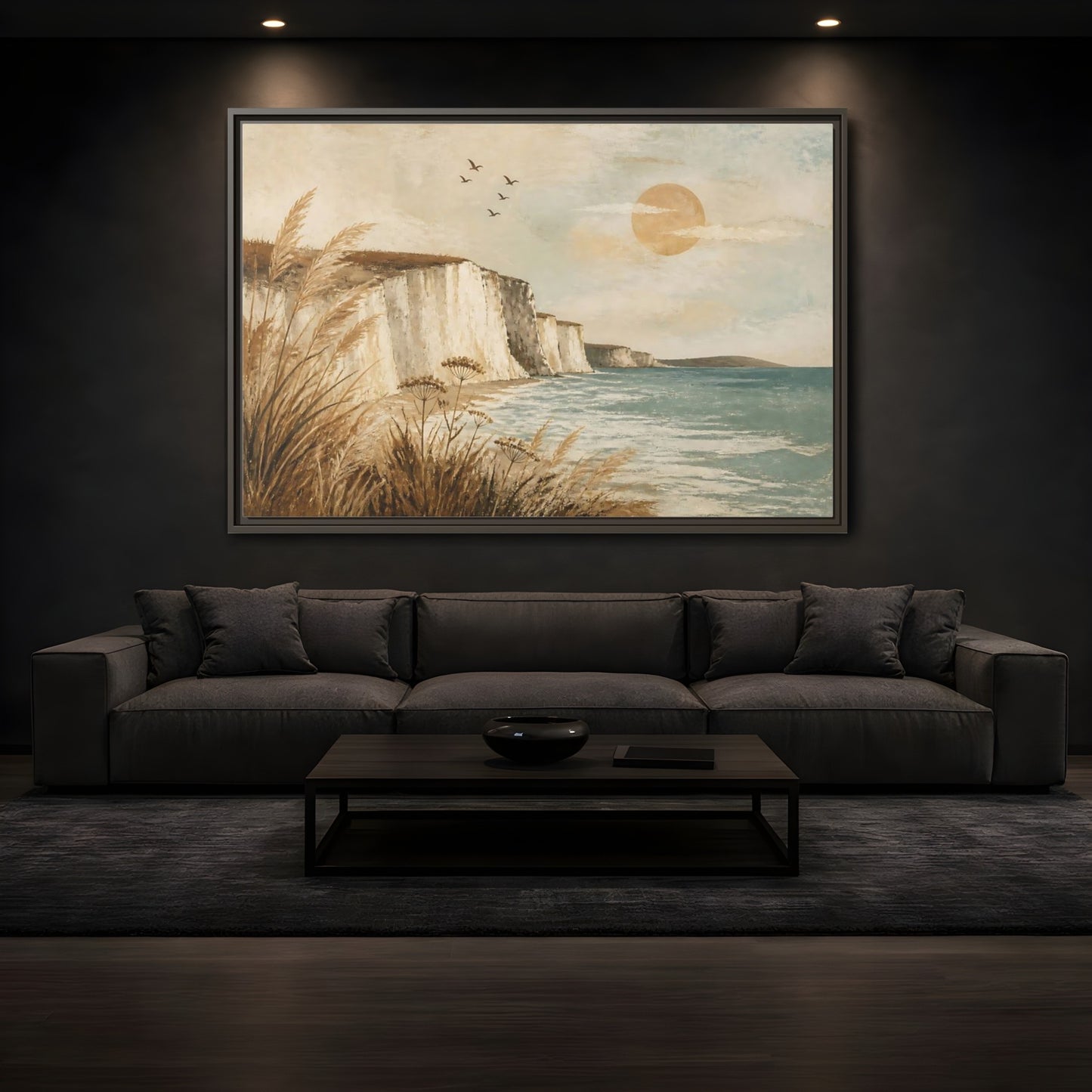 Mockup 3. Boho Sea Cliffs shown as framed canvas print