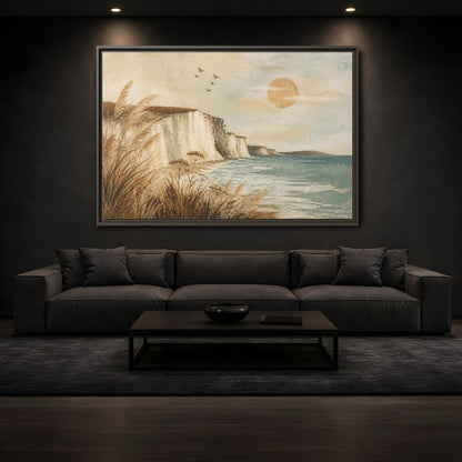 Mockup 3. Boho Sea Cliffs shown as framed canvas print