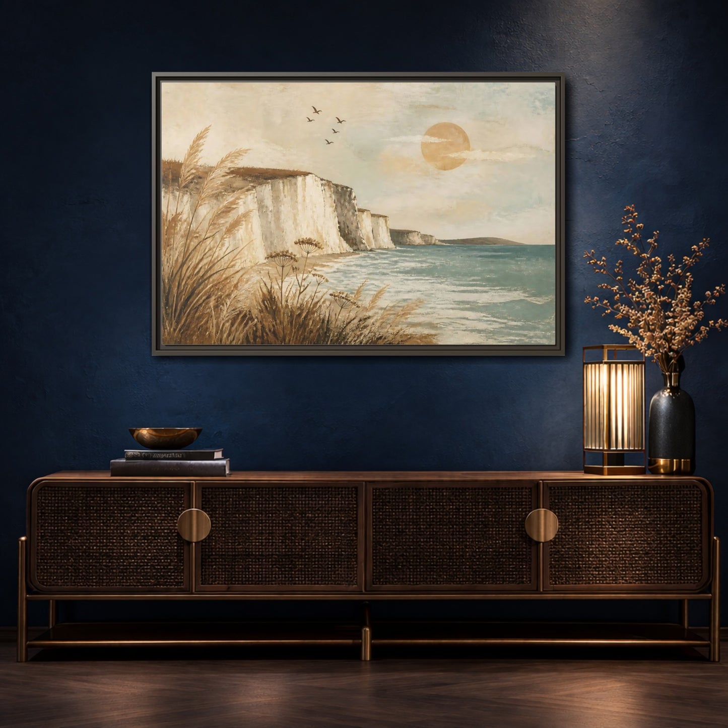 Mockup 4. Boho Sea Cliffs shown as framed canvas print