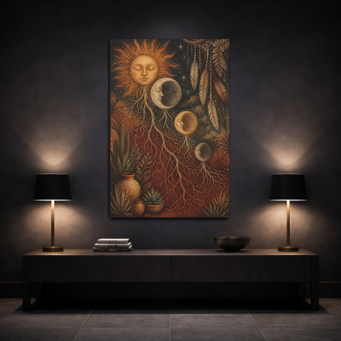 Mockup 3. Boho Sun And Moon shown as canvas print