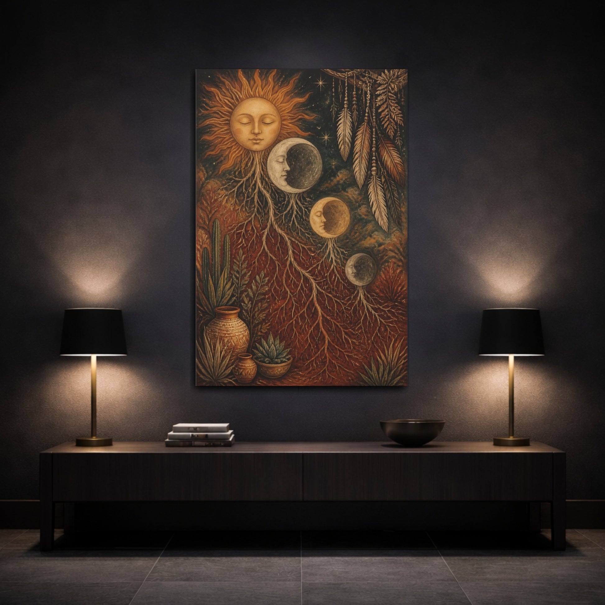 Mockup 3. Boho Sun And Moon shown as canvas print