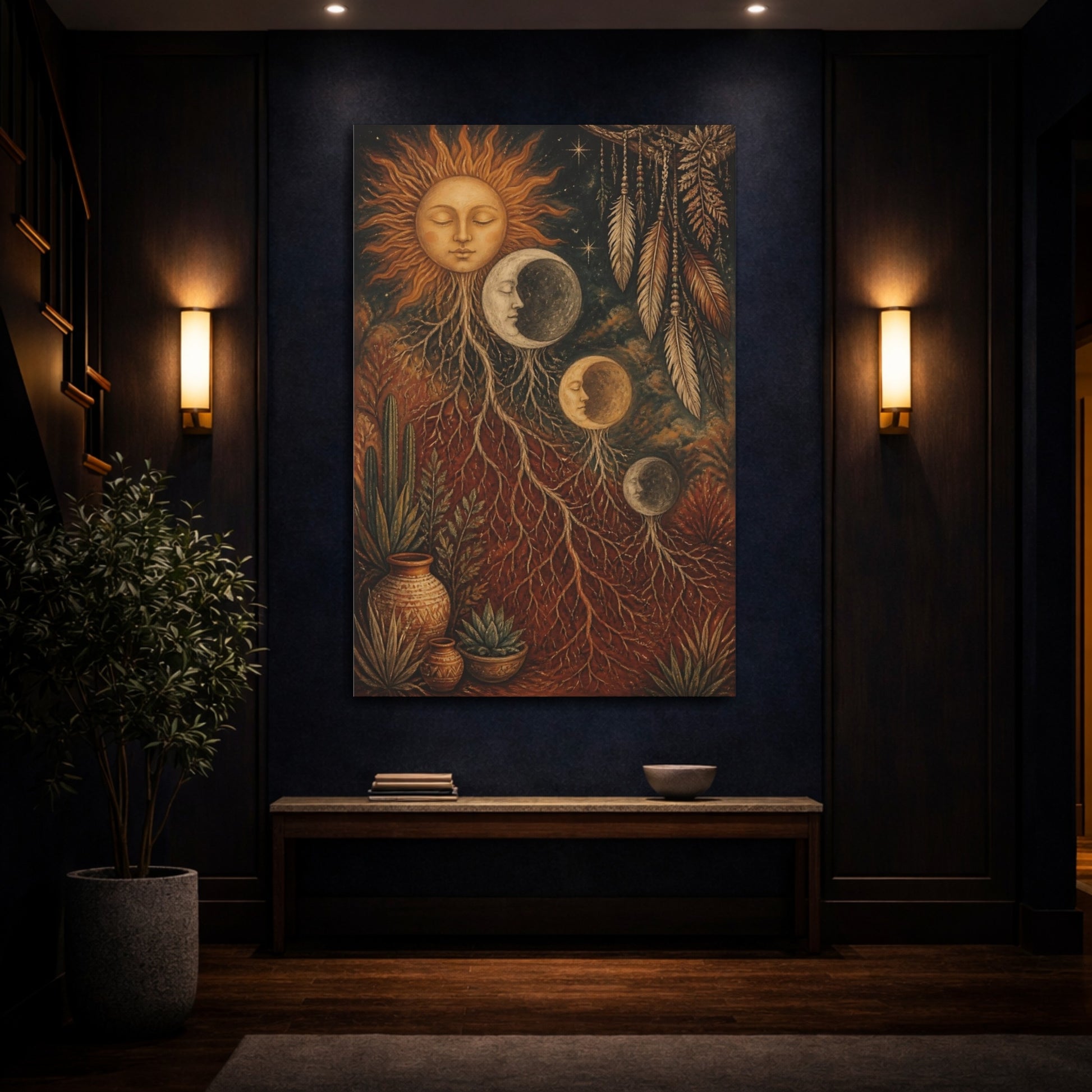 Mockup 4. Boho Sun And Moon shown as canvas print