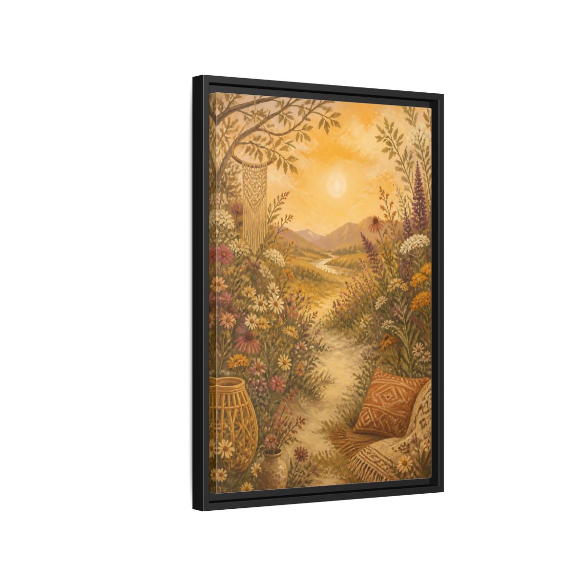 Side Mockup 3. Boho Wildflower Path shown as framed canvas print