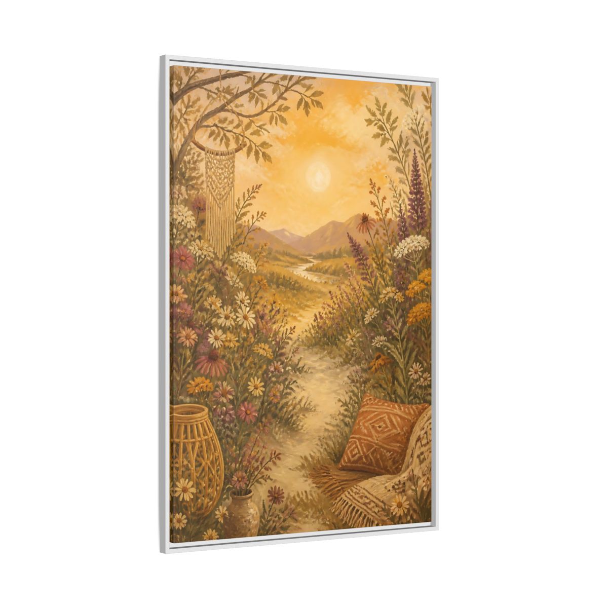 Side Mockup 7. Boho Wildflower Path shown as framed canvas print