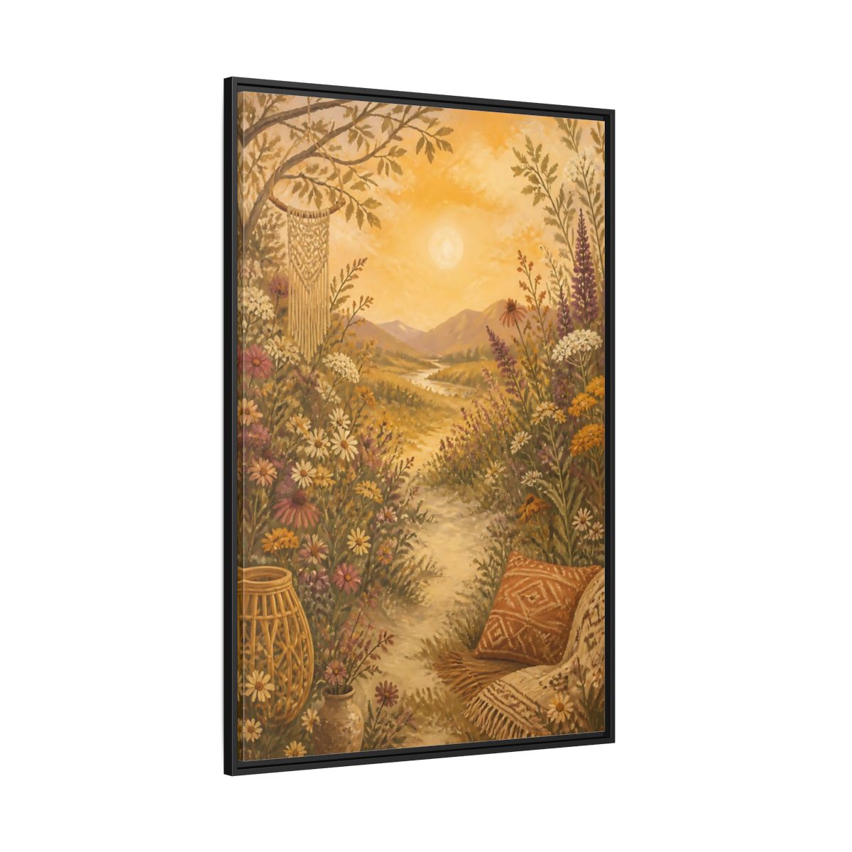 Side Mockup 12. Boho Wildflower Path shown as framed canvas print