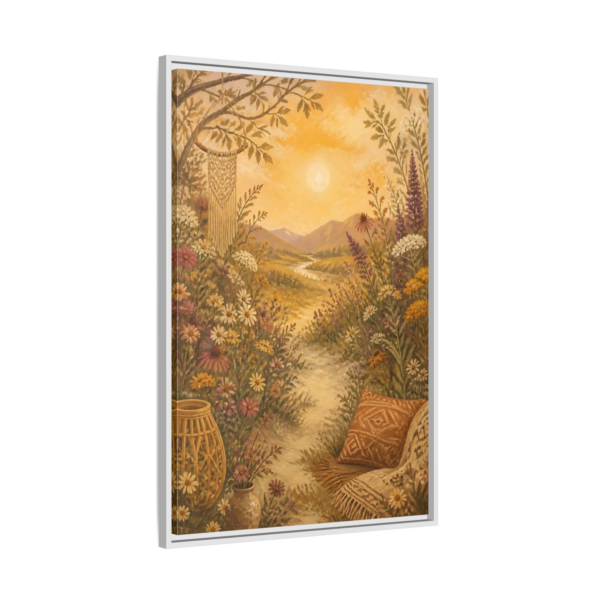 Side Mockup 9. Boho Wildflower Path shown as framed canvas print