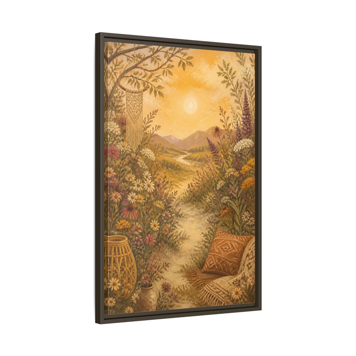 Side Mockup 11. Boho Wildflower Path shown as framed canvas print