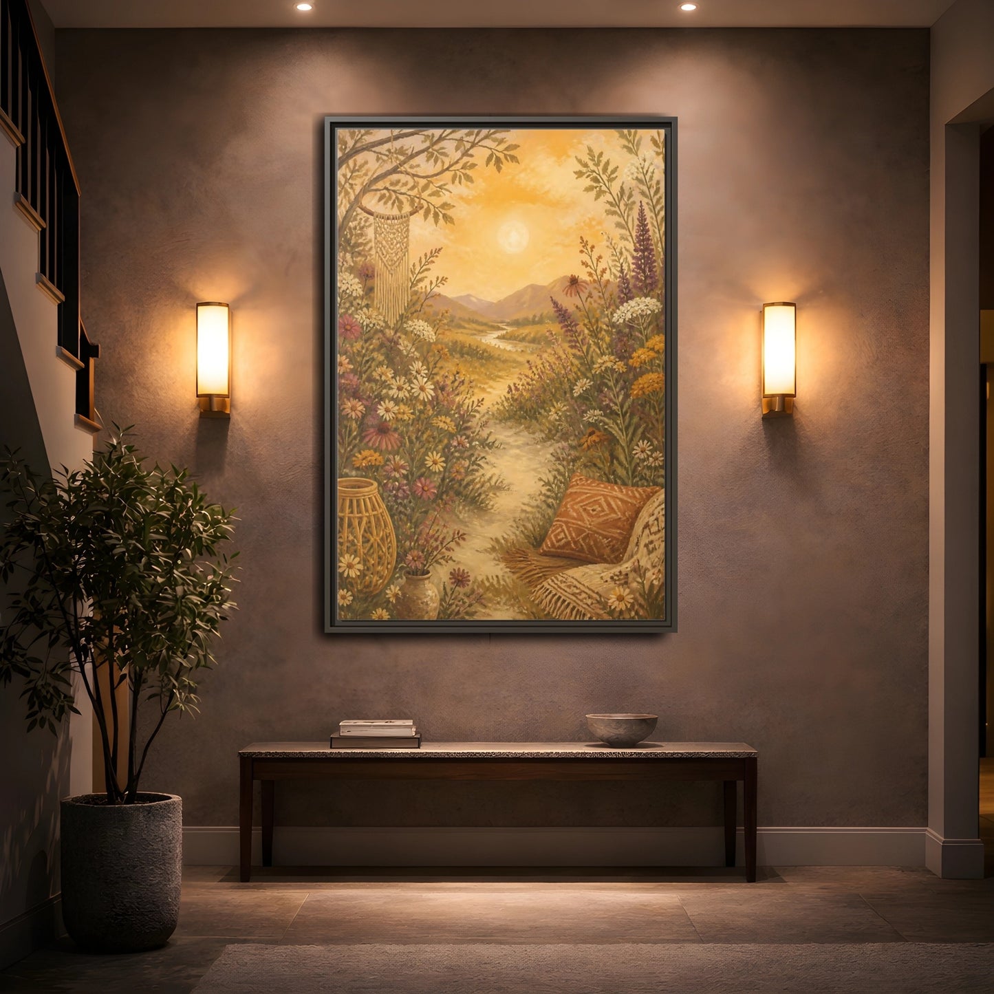 Mockup 2. Boho Wildflower Path shown as framed canvas print
